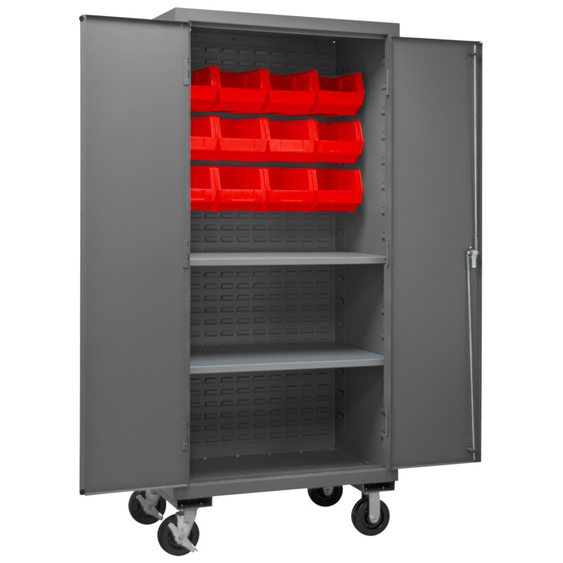 Durham Mobile Cabinet - 2 Shelves - 12 Red Bins - 36 in x 24 in x 81 in