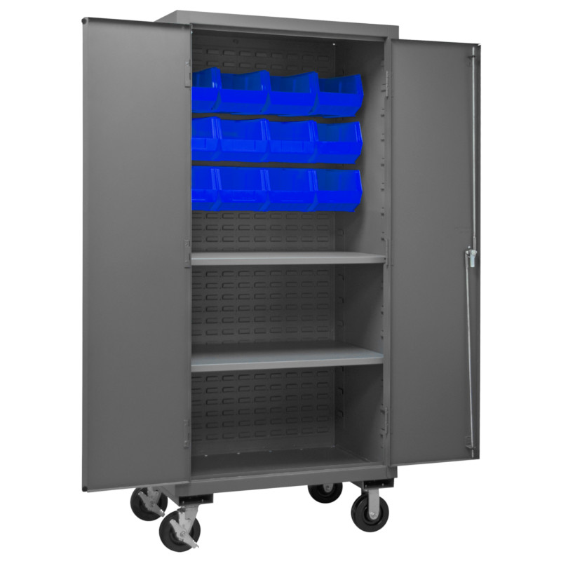 Durham Mobile Cabinet - 2 Shelves - 12 Blue Bins - 36 in x 24 in x 81 in