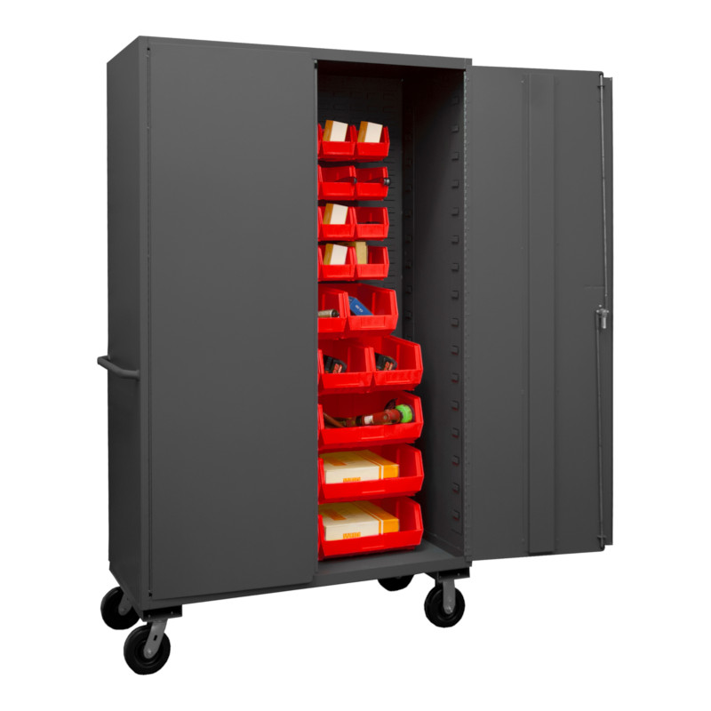 Durham 14 Gauge Mobile Cabinet with 42 Red Bins