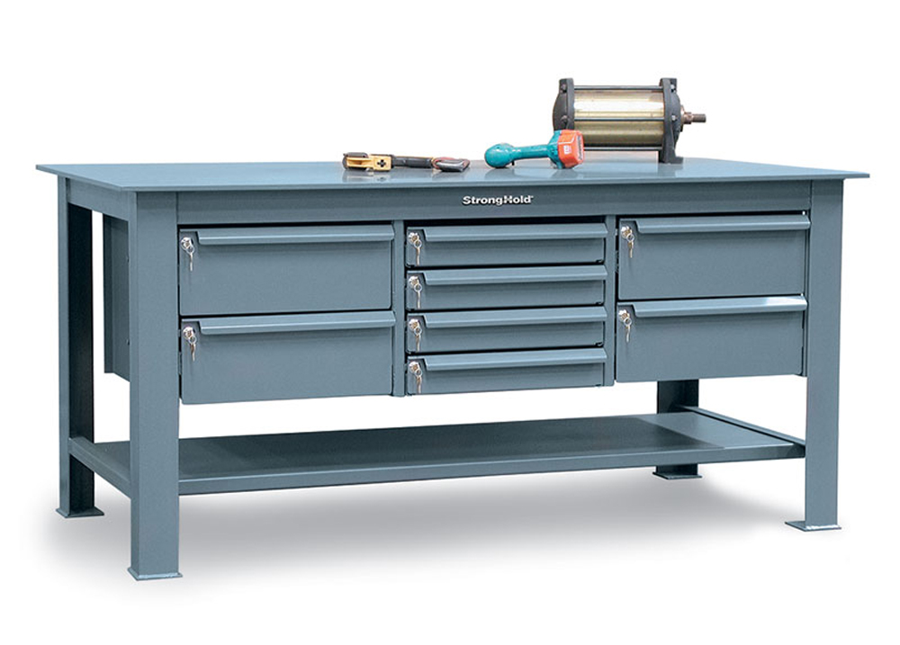 Heavy-Duty Shop Table with Half Inch Steel Plate Top and Key Lock Drawers